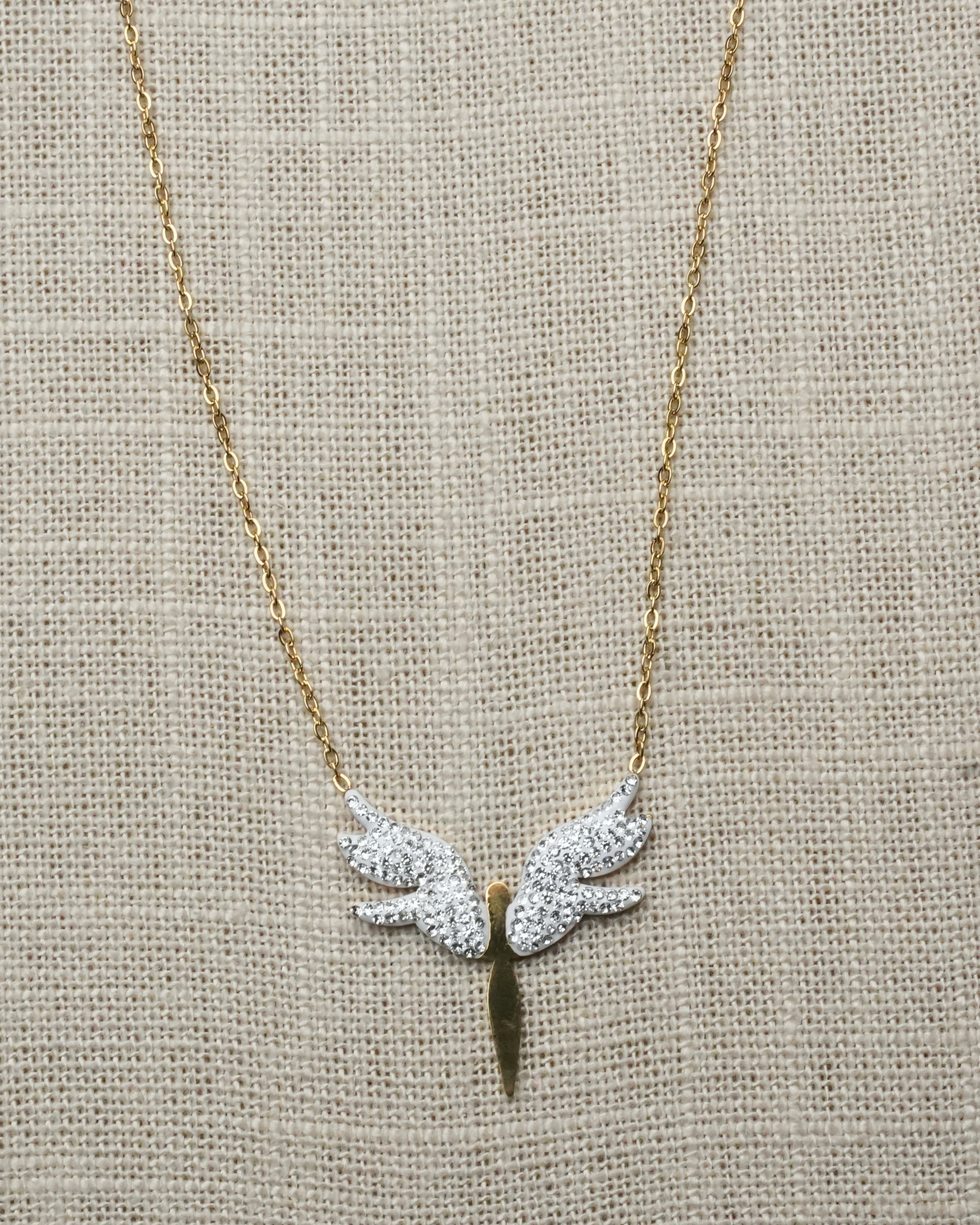 Collier Ange – Ailes Pavées Zircons – Inox Doré