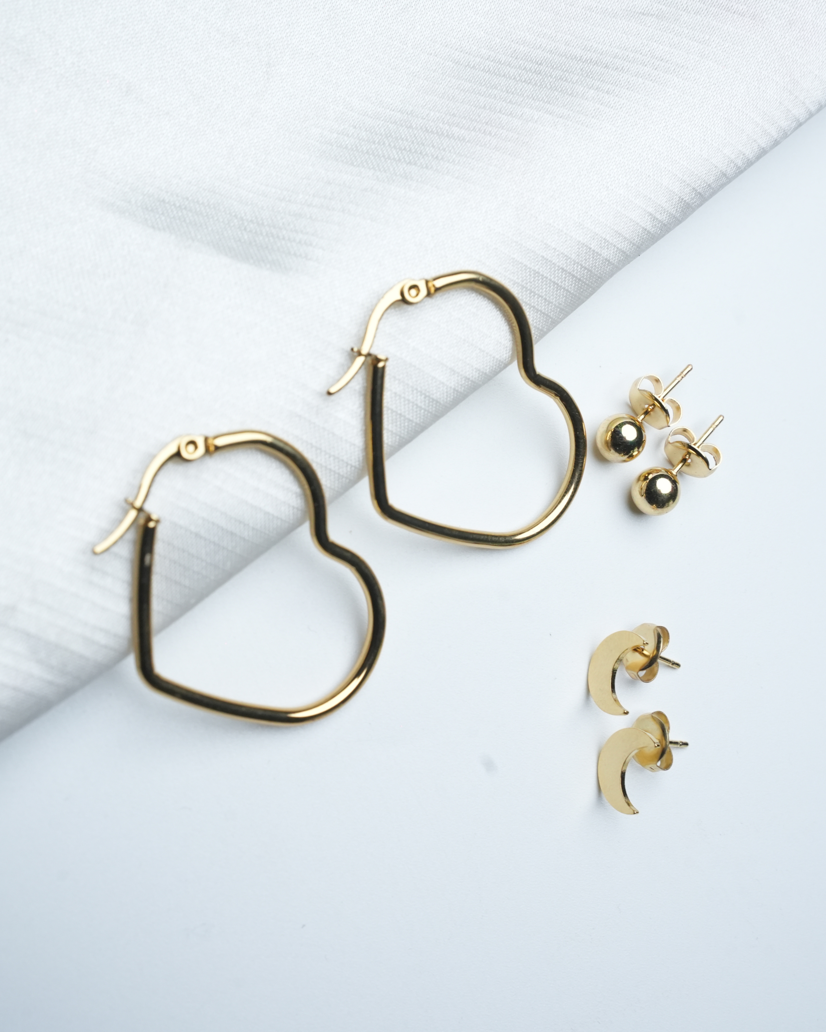 Pack Boucles d’Oreilles Inox – Cœur + Boule + Lune – Doré