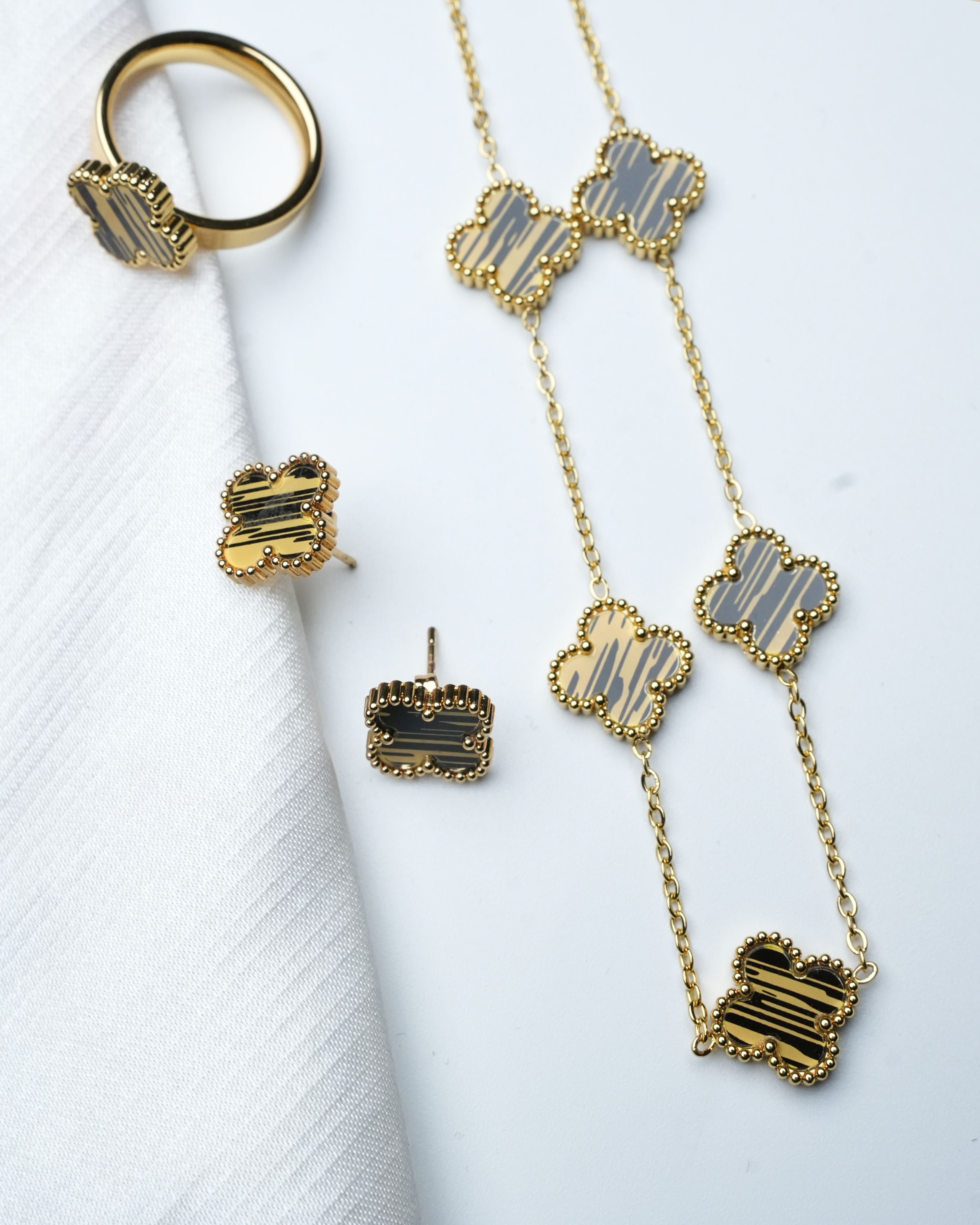 Set Van Cleef Style – VERT – Collier + Boucles + Bague – Inox