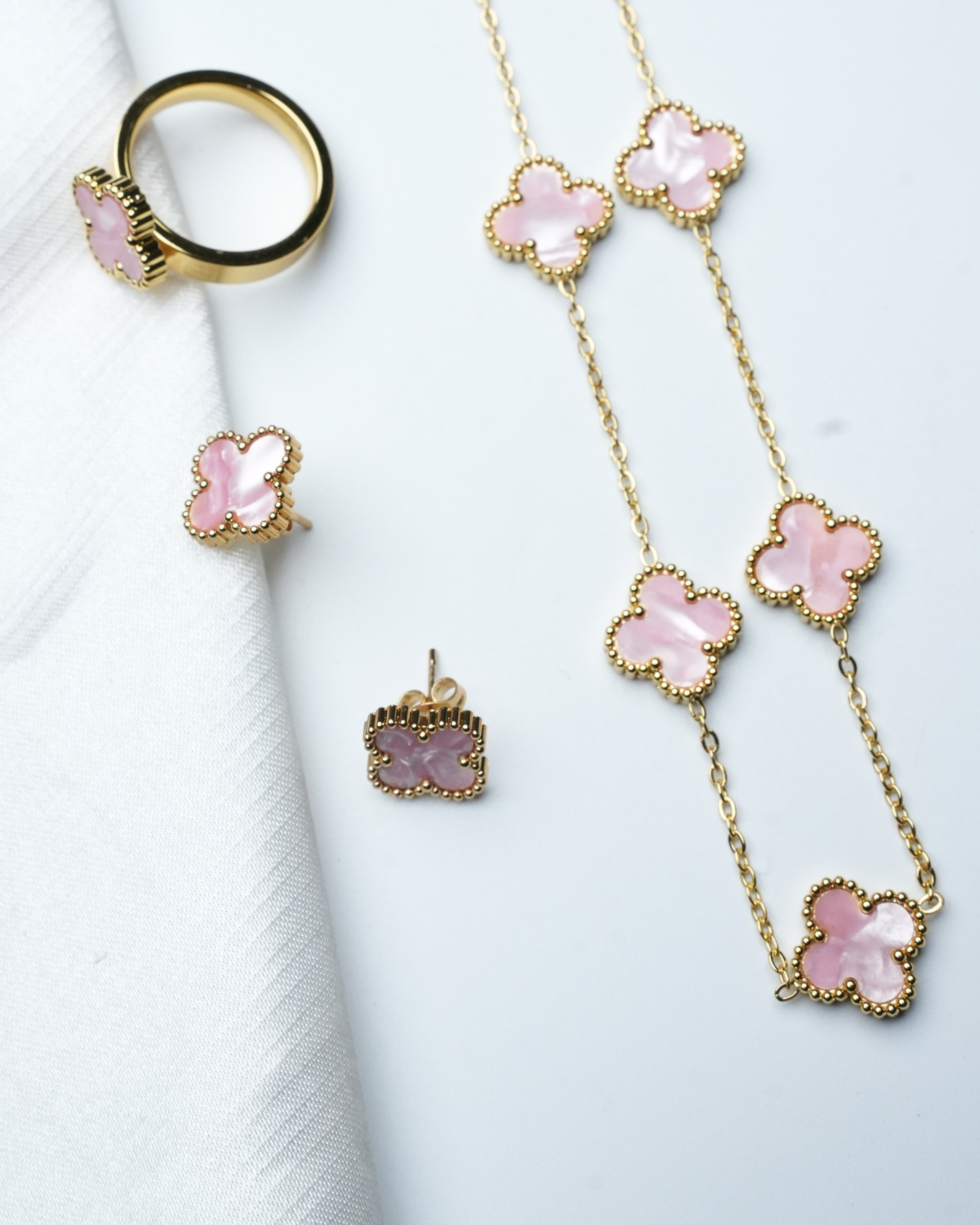 Set Van Cleef Style – ROSE – Collier + Boucles + Bague – Inox