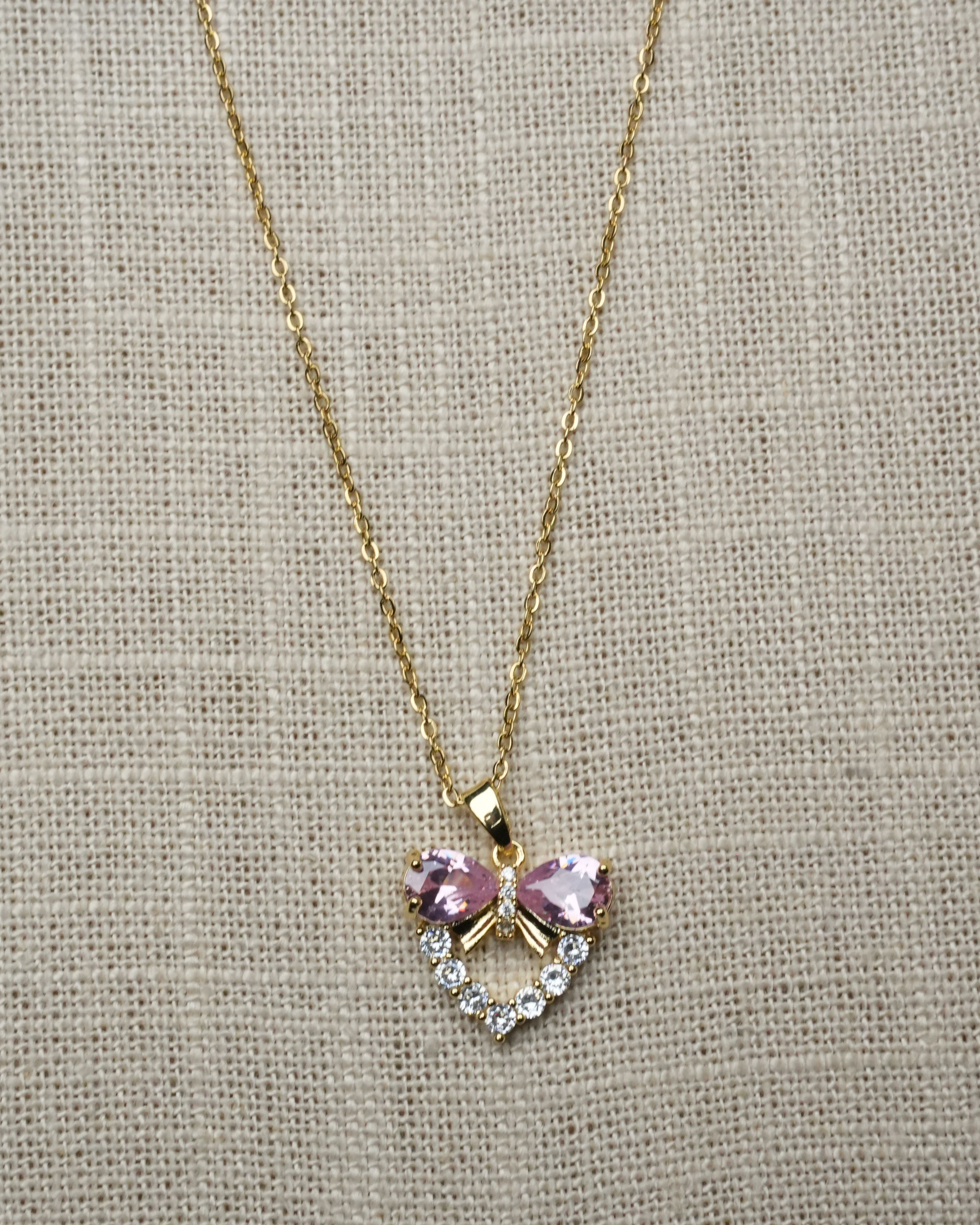 Collier Cœur Papillon Rose – Zircons – Inox Doré